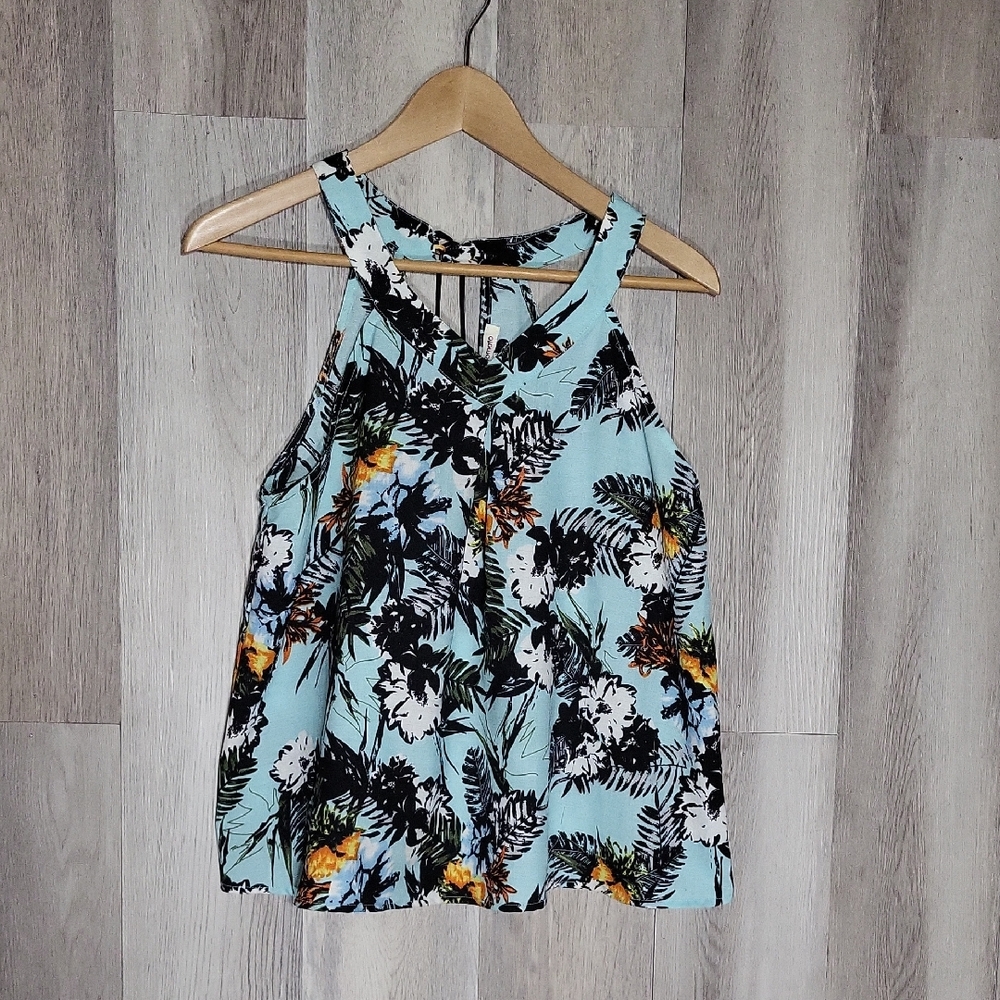 Jealous Tomato Womens M Halter Blue Floral Keyhole Hawaiian Casual Summer